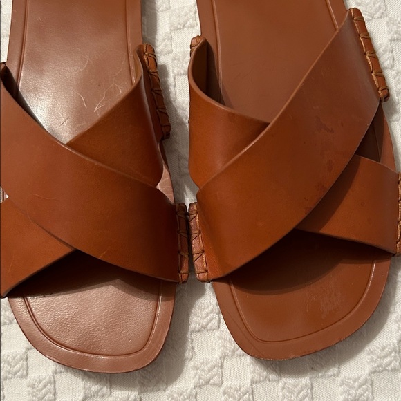Vince Cognac Brown Leather Crisscross Slide Sandals - Picture 3 of 6